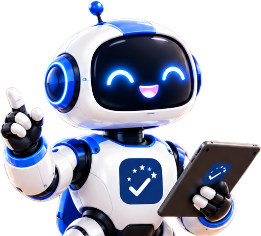 Revu, the DataRevu robot, pointing and holding a tablet